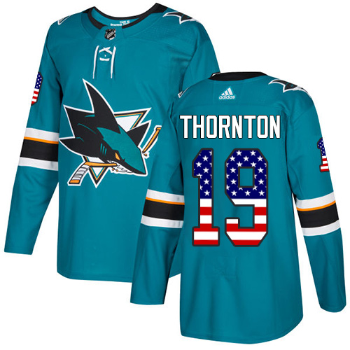 Adidas Sharks #19 Joe Thornton Teal Home Authentic USA Flag Stitched Youth NHL Jersey